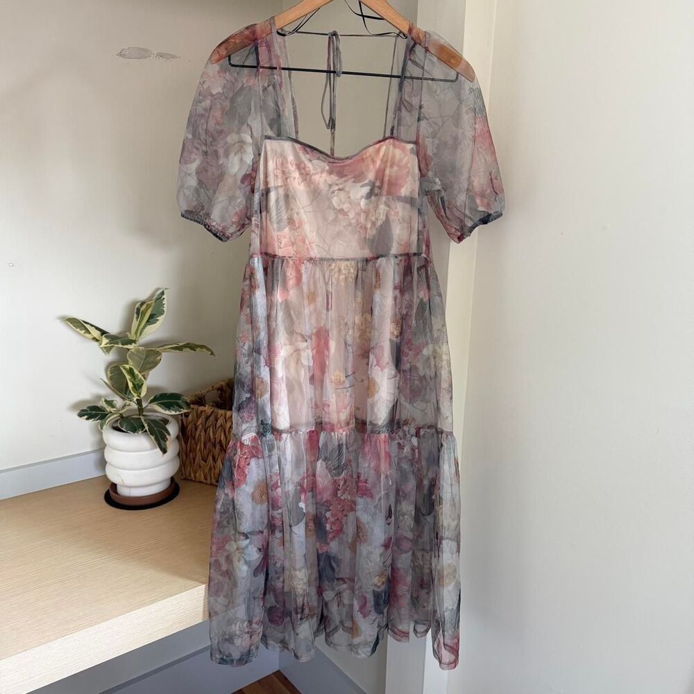 H&M Puff-Sleeve Mesh Floral Fairy Midi Dress XS NWT